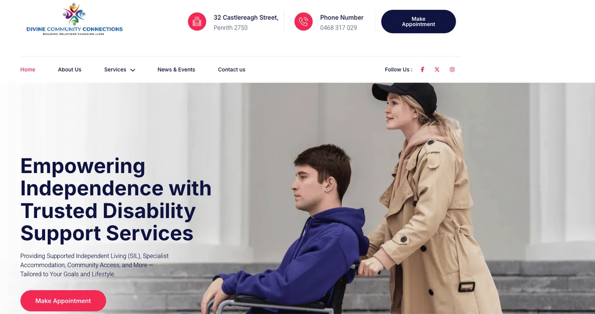 Divine Community Connections NDIS website homepage screenshot